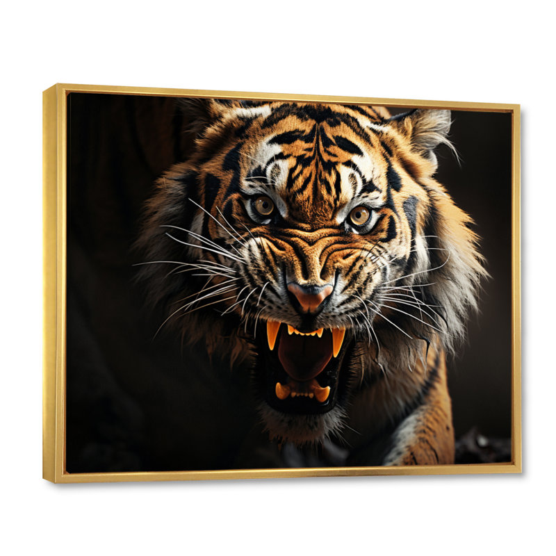 «Tiger Roaring Majesty», reproduction sur toile, Cadre flottant doré, H 34 po x l 44 po x P 1,5 po
