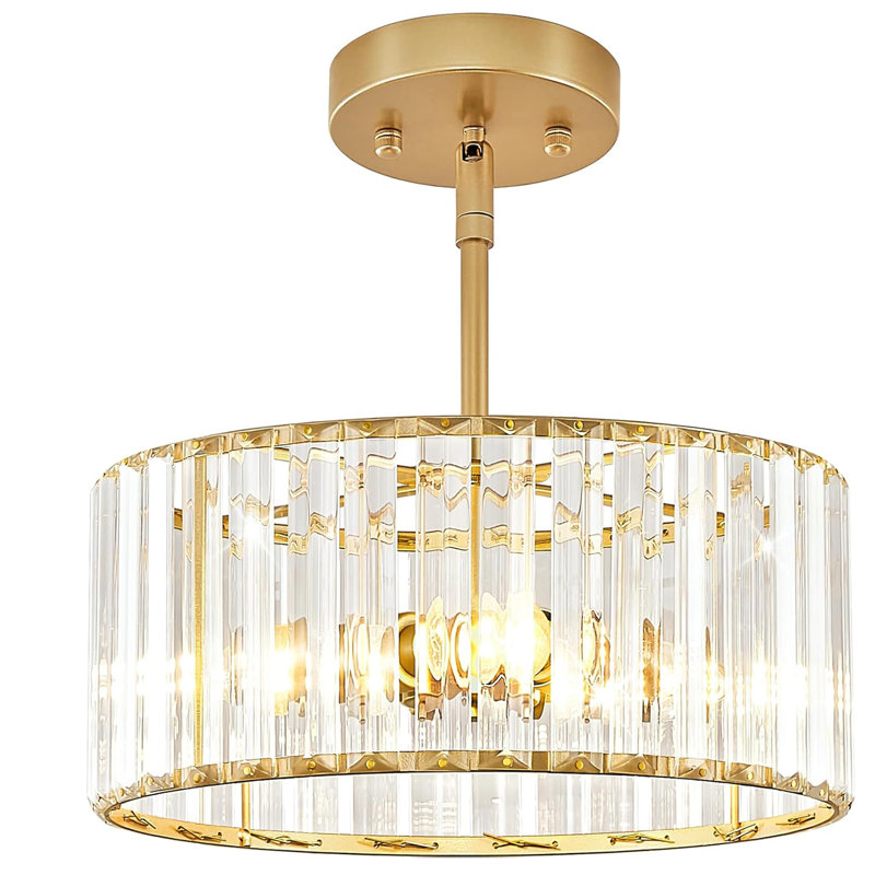 Crystal Chandelier, Small Modern Semi Flush Mount Ceiling Chandelier Light Fixtures, Round Hanging Lighting Fixture For Kitchen Bedroom Hallway Entryway Laundry Room, 3-Light, 11.8 Inch