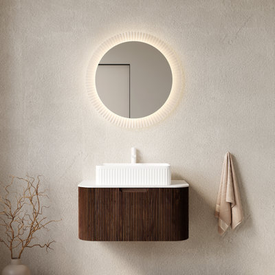Meuble-lavabo de salle de bain de 30 po avec armoire suspendue, lavabo rectangulaire blanc, sans robinet, couleur noyer, préassemblé - glissières de tiroir, grand espace de rangement pour la vasque, fini rayé 3D.