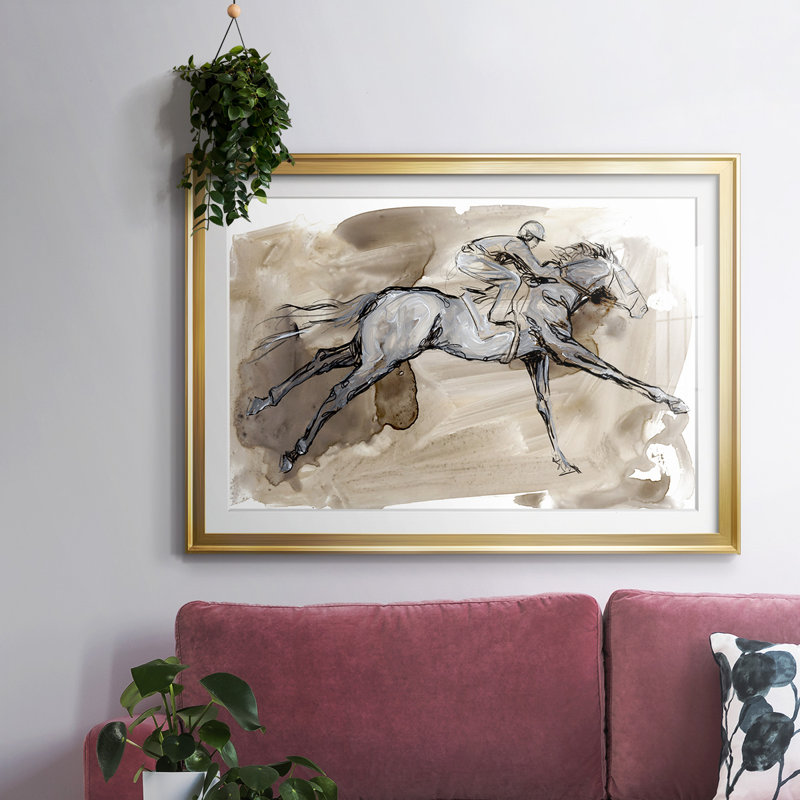 Off To The Races I - Matted and Framed Under Acrylic Glass, Large Living Room Wall Art, Gold, 19" H x 27" W x 1.5" D