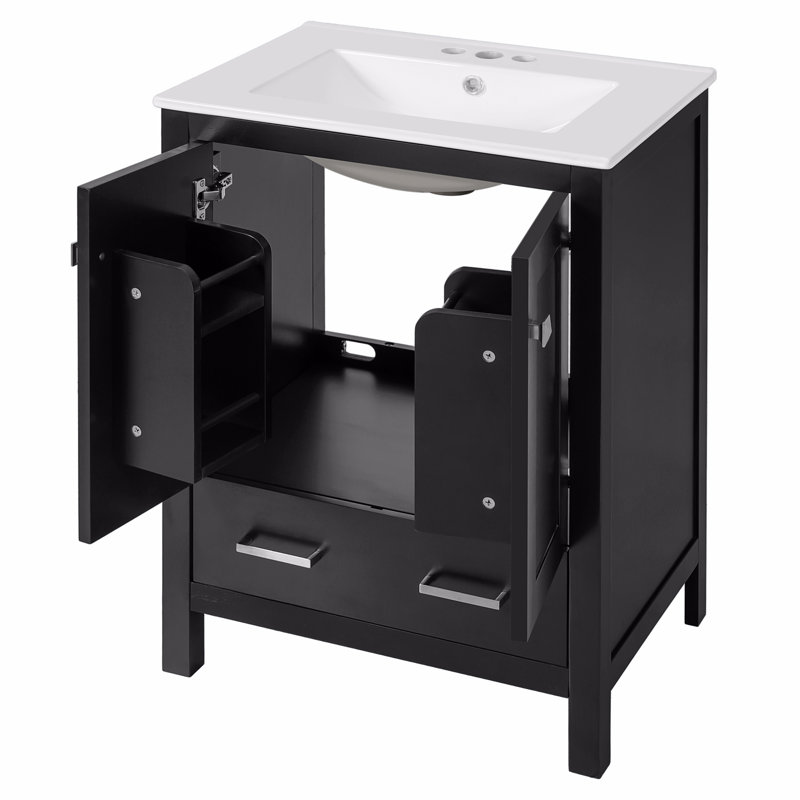 Meuble-lavabo de salle de bain avec lavabo encastré intégré et armoire de rangement avec 2 portes et 1 tiroir. Comprend une tablette de porte à double couche, conception à fermeture en douceur