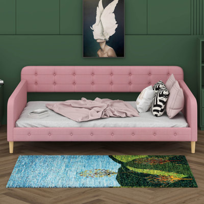 Queen Size Upholstered Daybed, Corner Upholstered Bed Frame With 4 Support Legs, Wooden Slats Support by Mercer41
