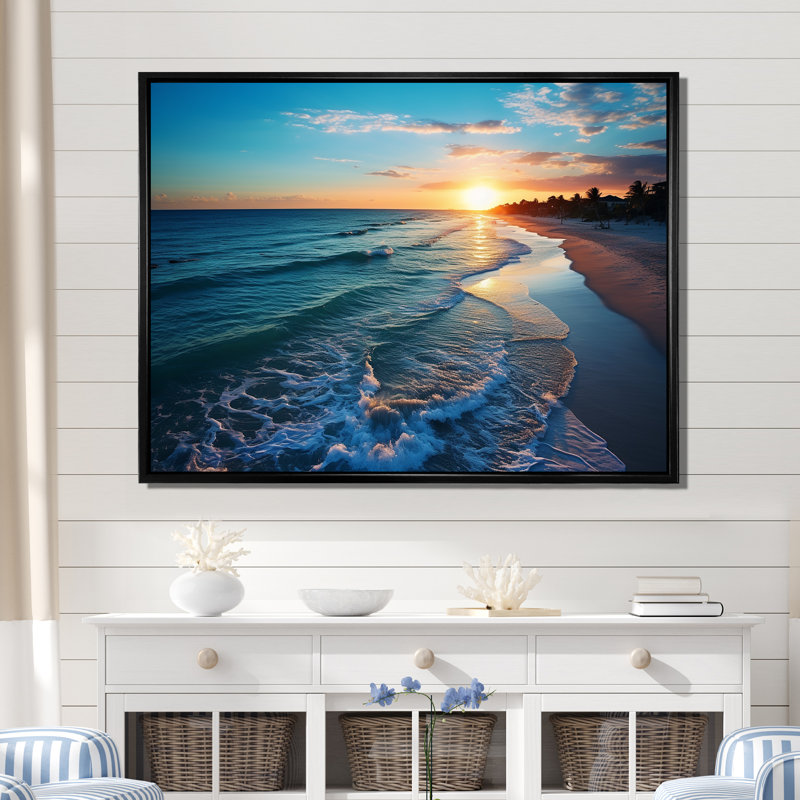 Tranquil Shores Sunset Beach Horizon IV - Art mural plage, Cadre flottant noir, H 12 po x l 20 po x P 1 po