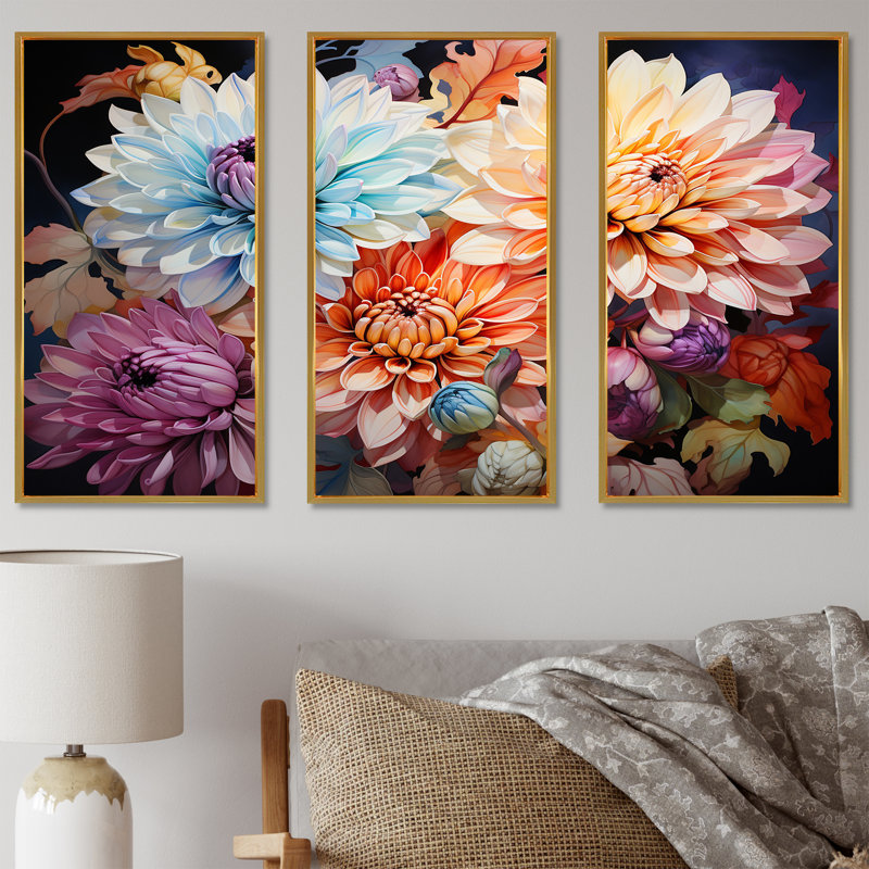 Mums Burst With Fierce Brushwork & Intense Colors - Ensemble d'art mural Mums, Cadre flottant doré