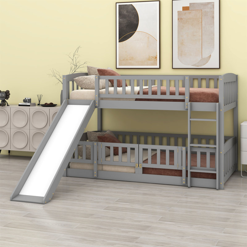 Low Bunk Beds, Kids Bunk Bed With Slide, Fence And Ladder, Wood Toddler Bunk Beds, Gray, Full over Full