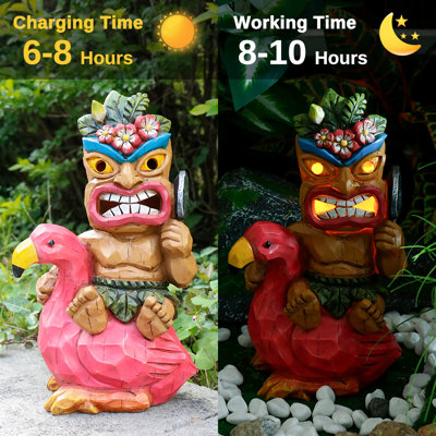 9.84" Tall Solar-Powered Tiki Statue with Flamingo – Weather-Resistant Resin Garden Decor for Outdoor & Indoor Use