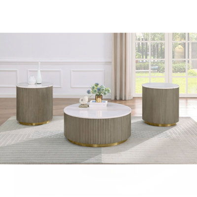 Sennewald Greige Round White Marble Top Side End Table