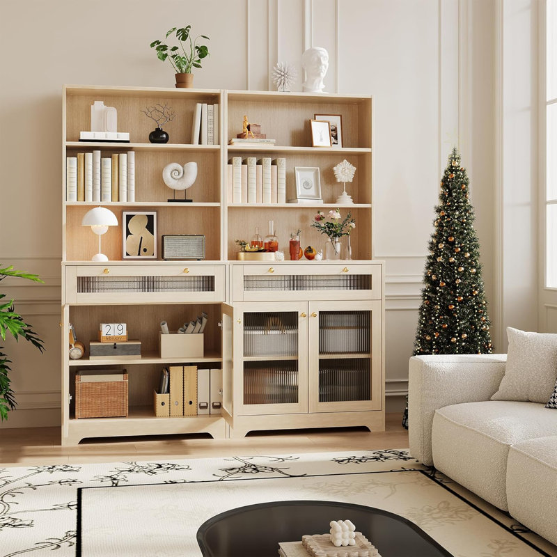 Armoire de cuisine autoportante de 62 pouces avec grand comptoir, portes en verre, tiroir et tablettes réglables - rangement pour micro-ondes pour la salle à manger, le salon ou les petits espaces
