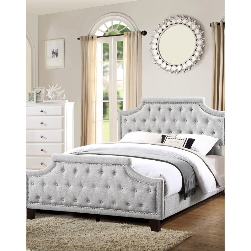 Grand lit en polyfibre gris avec tête de lit moderne et élégante, Grand lit, Gris