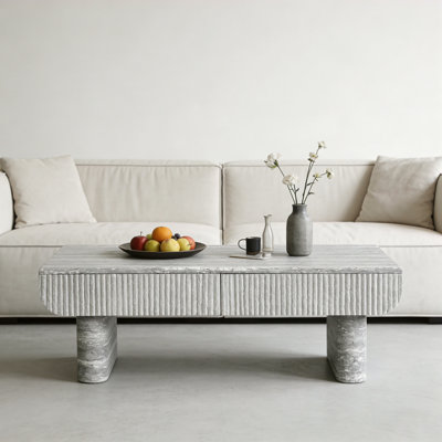 Table basse avec plateau en bois gris, table basse moderne Mid-Century avec tiroir cannelé, table basse de salon