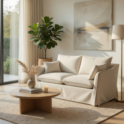 Seya Modern Loveseat With 2 Pillow, Beige Linen Plush Cushions, 58 Inch
