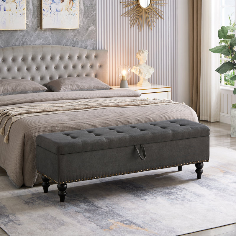  59 Inch Modern Upholstered Bed Bench with Storage, Entryway Accent Bench for Bedroom or Hallway Seating, Grey, Gray