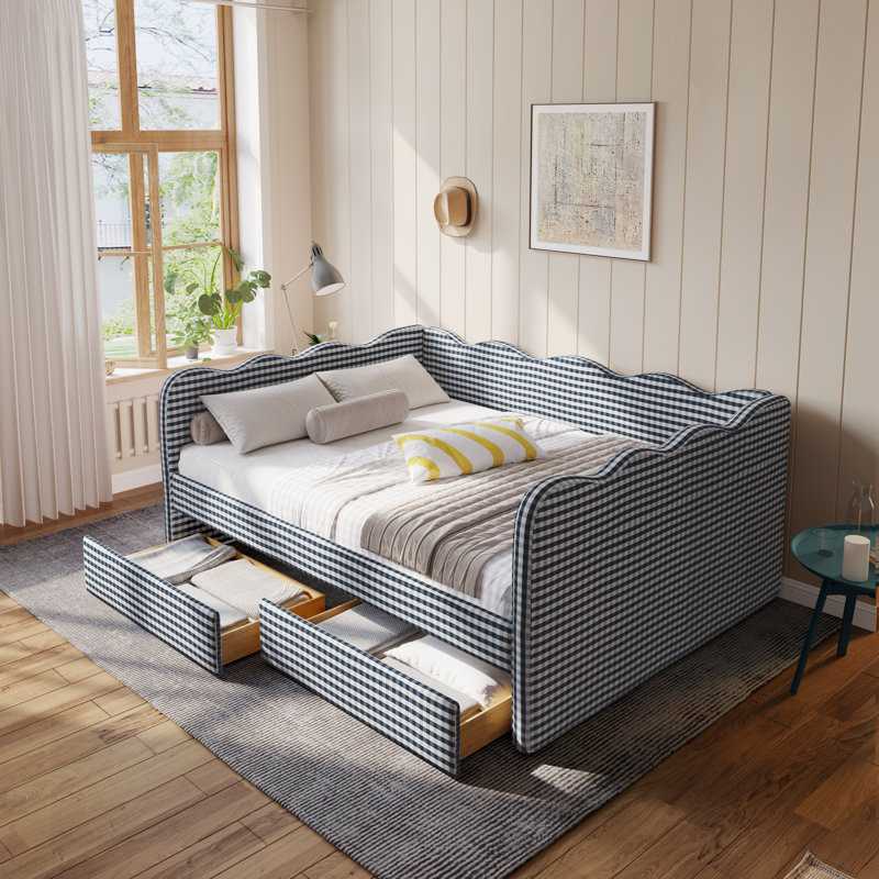 Lit de jour Gingham avec 2 tiroirs de rangement et port USB, forme ondulée, Grand lit, Marine