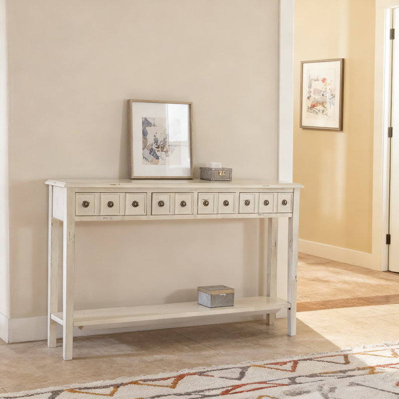 Console Table With 4 Drawers And Lower Shelf, Distressed Cream Finish And Antique Bronze Pulls For Entryway And Living Room