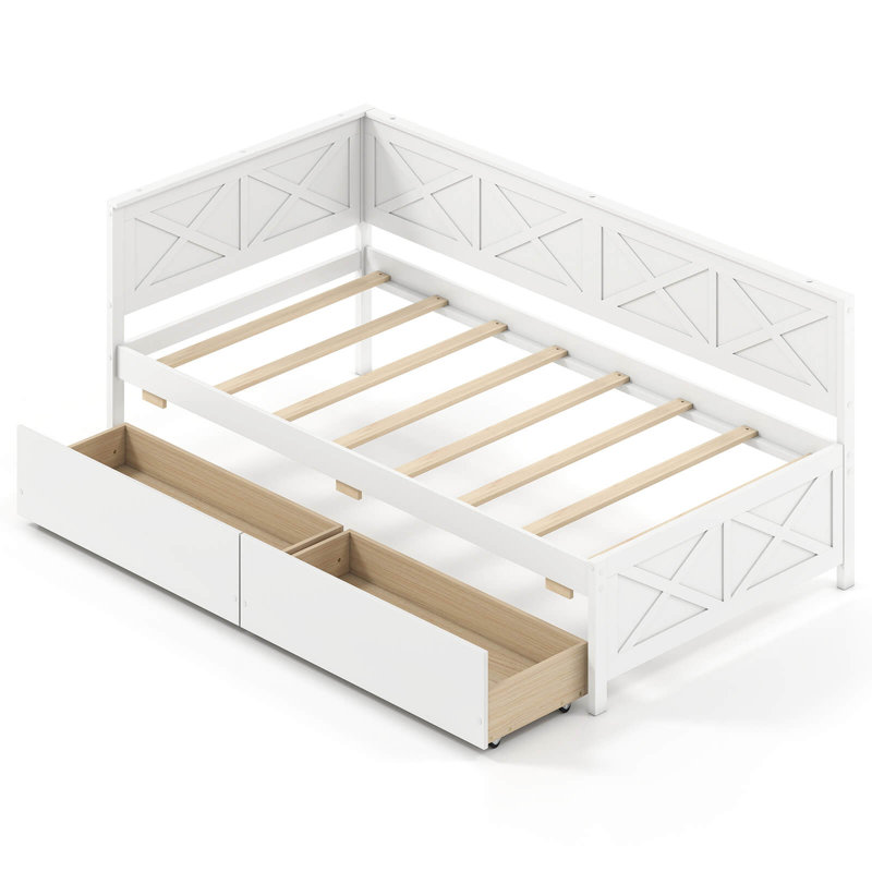 Lit de jour simple avec 2 tiroirs de rangement et support pour garde-corps, Blanc