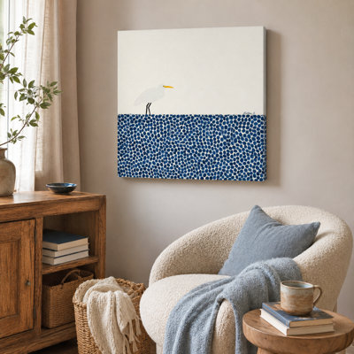Minimal Egret Coastal Canvas Wall Art,  Navy White Bird Decor