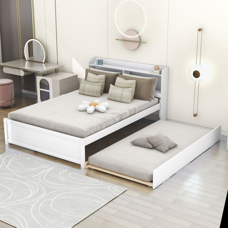 Lit plateforme en bois avec lit gigogne et tablettes, Double, Blanc
