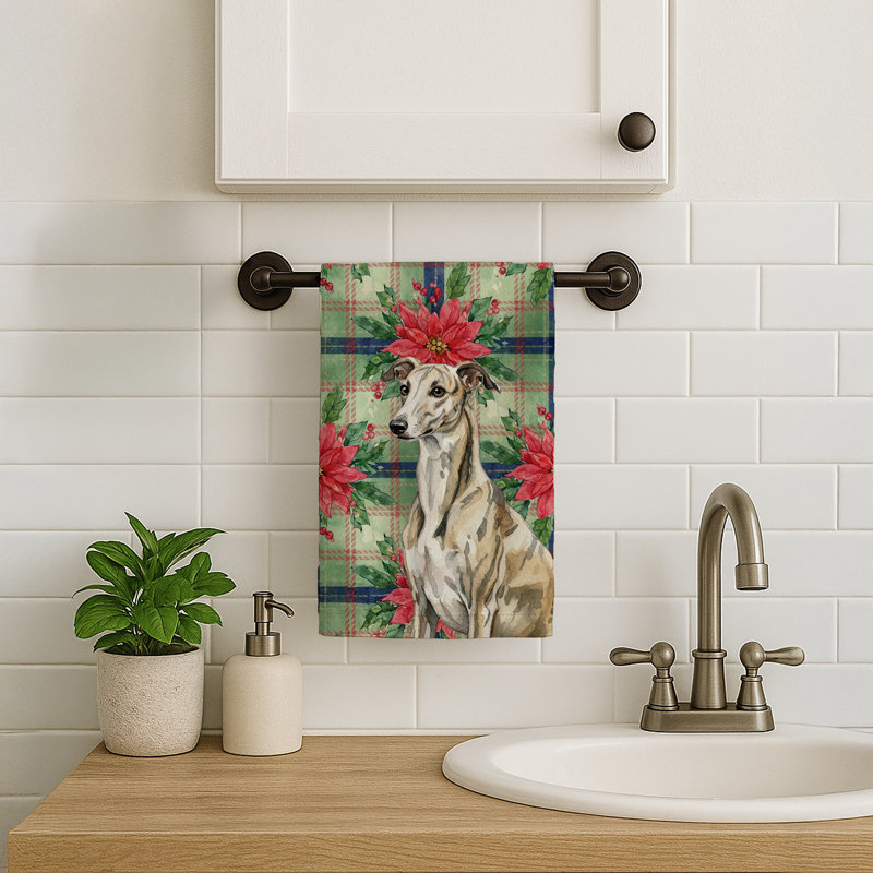 Brindle Whippet Christmas PoinsettIas Kitchen Towel, Brindle Whippet