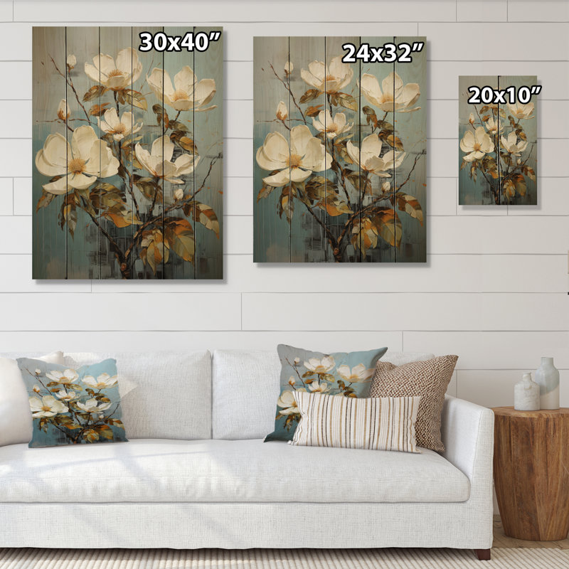 Blanc blanc vert Magnolias Southern Patchwork sur bois imprimé, H 40 po x l 30 po x P 0,78 po