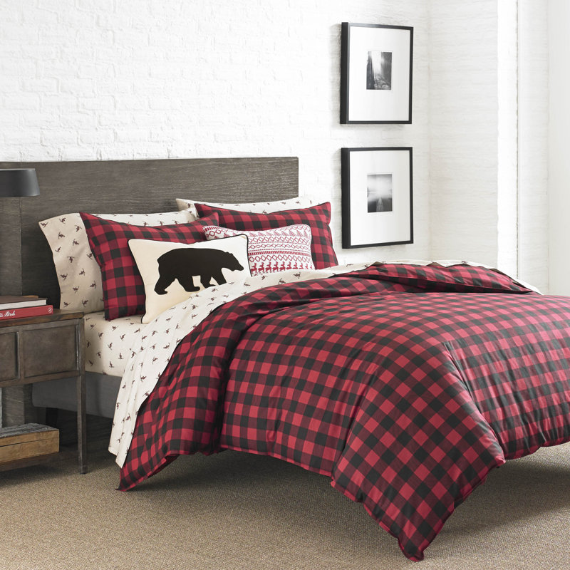 King Red and Black Cotton Plaid Duvet Cover Set