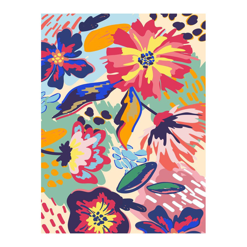 Multicolor Flowers Pattern Woven Base Modern Decorative Machine Washable Rug, Rectangle 5'1" x 7'7" Rug Pad Included