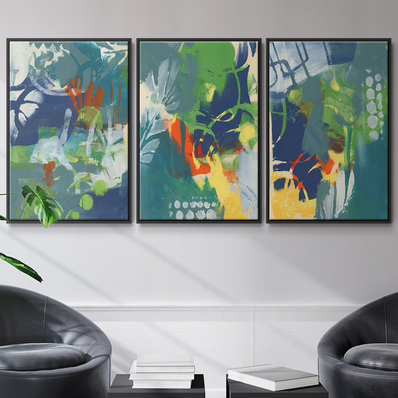 Ensemble de 3 graphiques tropicaux encadrés sur toile I, H 27 po x l 54 po, Noir