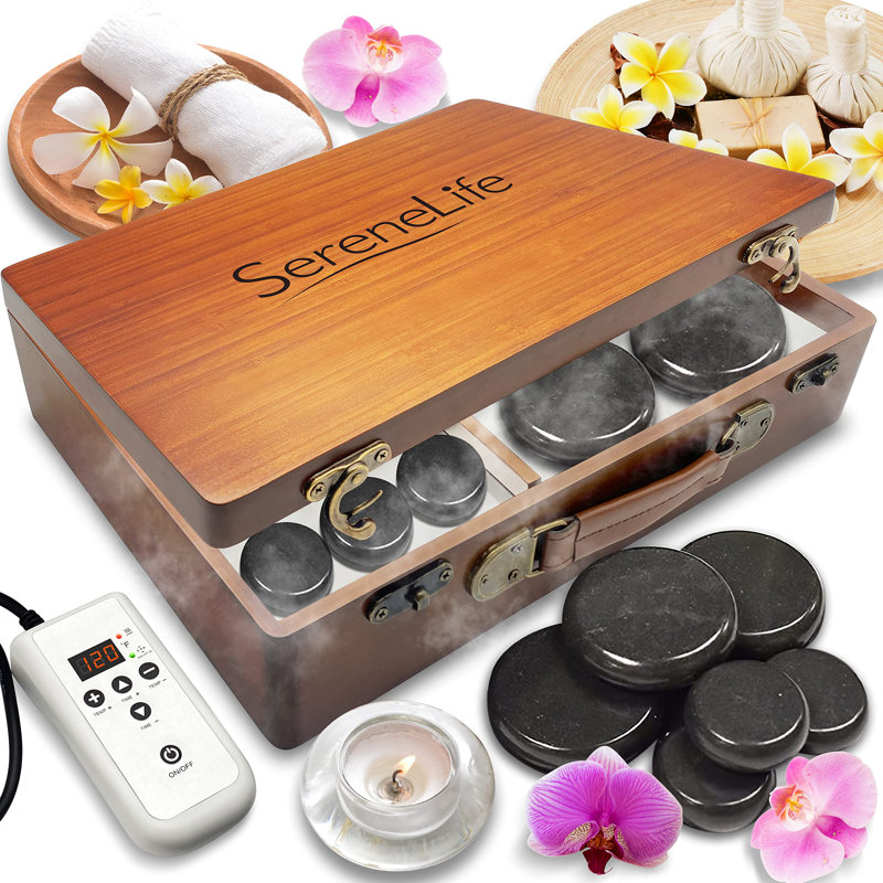 Serenelife Hot Stones Massage Kit With Warmer, Warm Round Basalt Stone Massaging Set With Portable Heater, 12 Large/Small Rocks, Digital Controller, For Professional And Home Spa Therapy