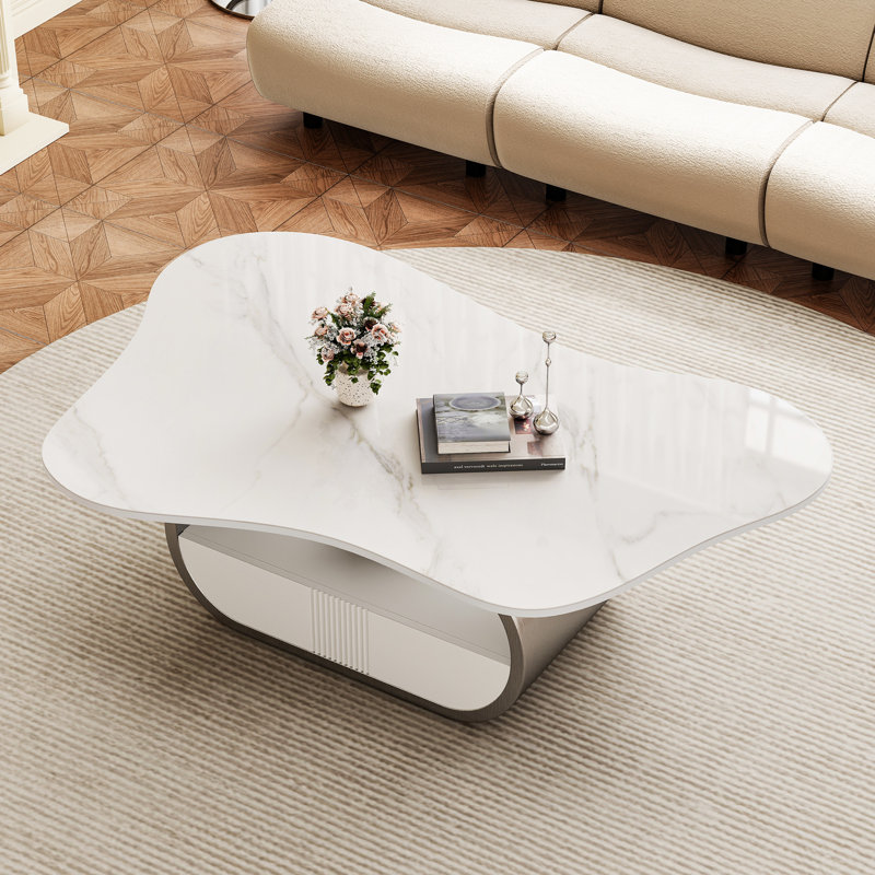 41.7" Gold Coffee Table With Abstract Shaped Design, Faux Marble Stainless Steel Base Coffee Table With Storage, Gold