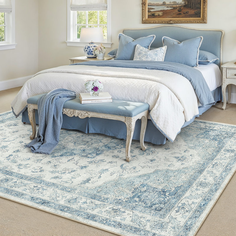 Stella Machine Washable Oriental Blue Area Rug, Rectangle 8' x 10', Blue