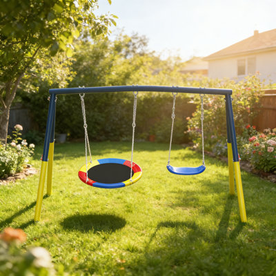 Swing Sets For Backyard, 440Lbs Load Capacity Swing Set, Heavy Duty A-Frame Metal Swing Stand And Adjustable Rope, Swingset Outdoor For Kids