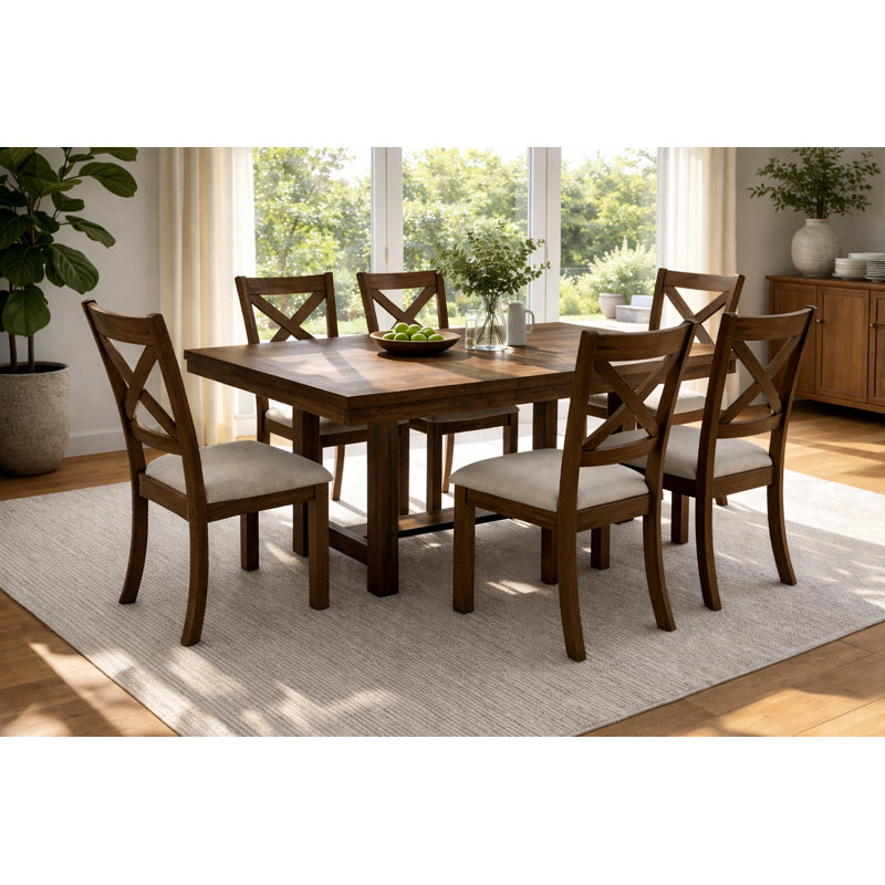 Galvaston 42" W Transitional Trestle Dining Table — Seats 6, Solid Pine & Acacia Veneer Top