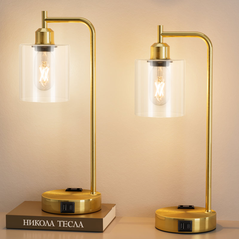 Ensemble de lampes de table 16,5 po en verre industriel avec contrôle tactile, prise de courant et USB A&C, Doré, Clair