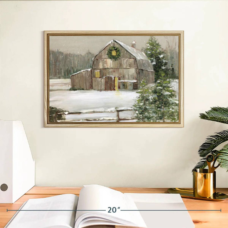 Grange enneigée, Cadre flottant en bois naturel, 13 po x 9 po
