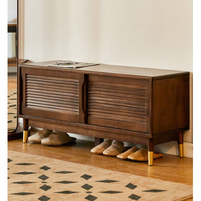 Scandinavian Solid Wood Louvred Doors Shoe Storage Bench with Brass Legs