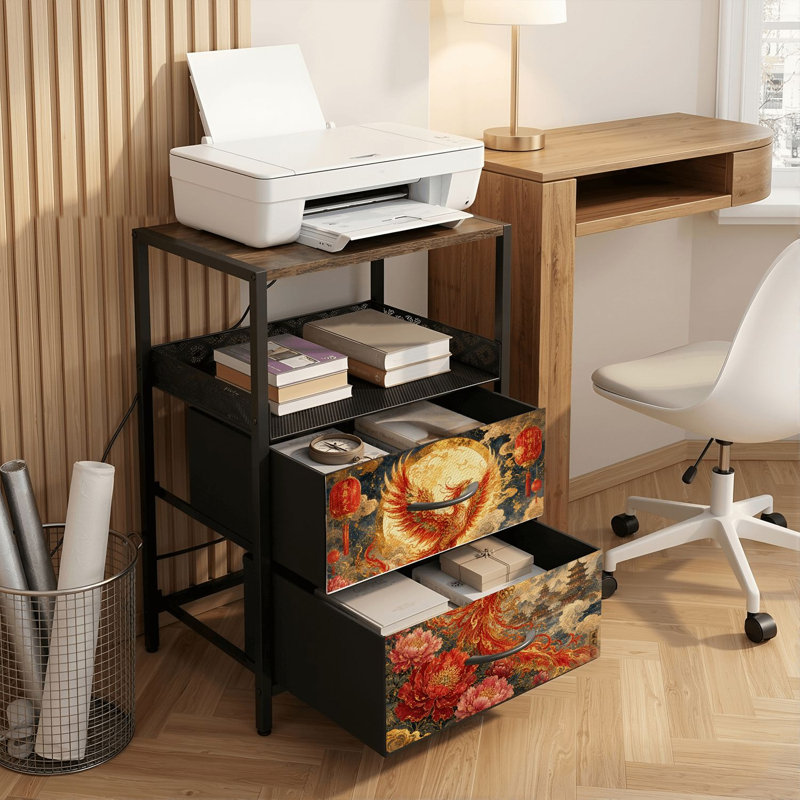 Table de chevet 2 tiroirs avec station de charge, table de chevet avec ports USB et amp; Table de chevet ouverte noire Outlets avec impression de plumes rouges éclatantes majestueuses