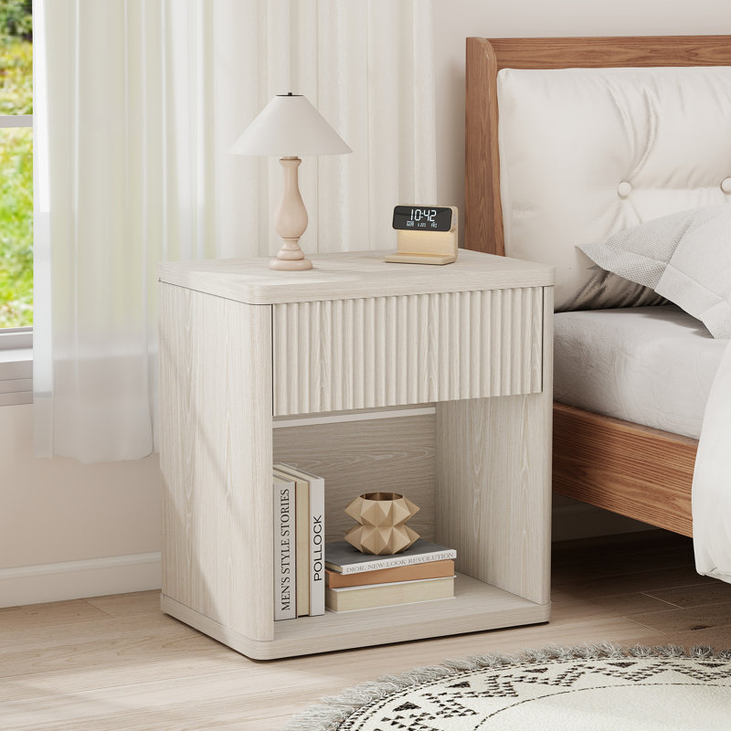 Modern Fluted Nightstand Set Of 2 – Mid-Century Bedside Tables With Drawer & Open Storage – Large Wide End Table For Bedroom & Living Room