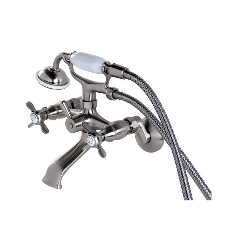 Kingston Brass Essex Three-Handle 2-Hole Tub Wall Mount Clawfoot Tub Faucet with Hand Shower, Brushed Nickel