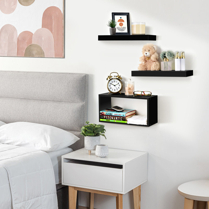 Black Wood Floating Wall Shelves Set for Living Room and Bathroom