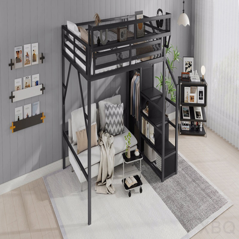 Grand lit mezzanine avec escalier, grand lit mezzanine en métal avec tablettes de rangement, lit mezzanine haut avec garde-robe pour enfants, adolescents, adultes, noir