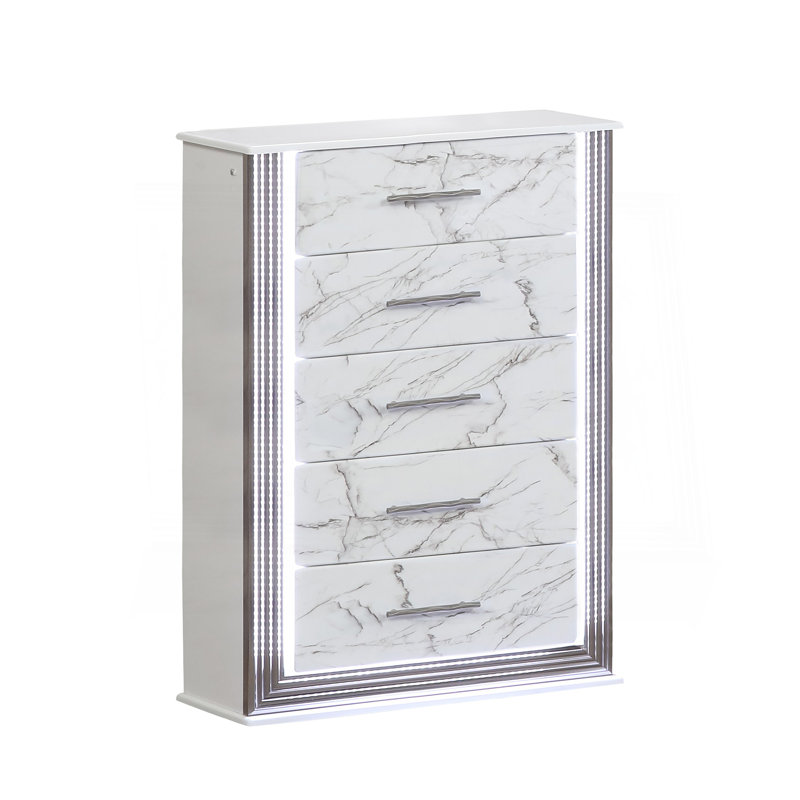 Commode Desire - Tiroirs en marbre avec panneaux latéraux à DEL et garniture métallique pour une organisation de chambre spacieuse et élégante