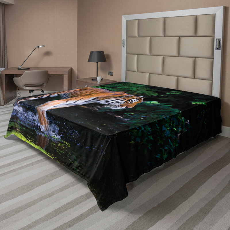 Ambesonne Tropical Top Flat Sheet Wild Jungle Tiger Tree Orange Brown Green, King Flat Sheet
