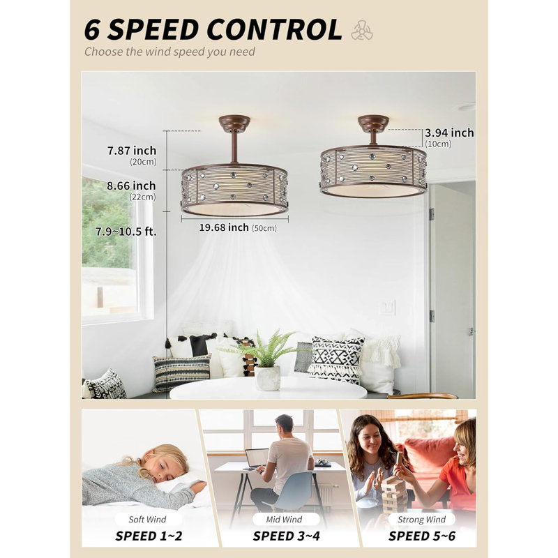 20" Farmhouse Fandelier Ceiling Fan With Light, Rustic Chandelier Ceiling Fans With Lights Remote Control, Caged With 6 Speeds For Bedroom, Living Room, Nursery