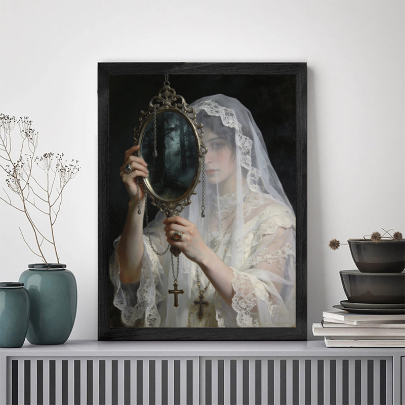Art mural rétro noir et mystérieux, fantôme dans le miroir, H 11 po x l 9 po