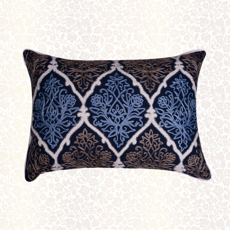 Blue Brown Embroidered Linen Throw Pillow Cover Set – Christmas Decor 14 x 20 for Sofa Bed & Room