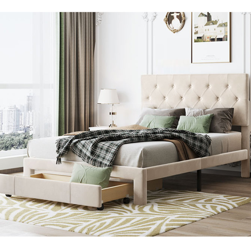 Anooj Upholstered Velvet Standard Bed with Drawers
