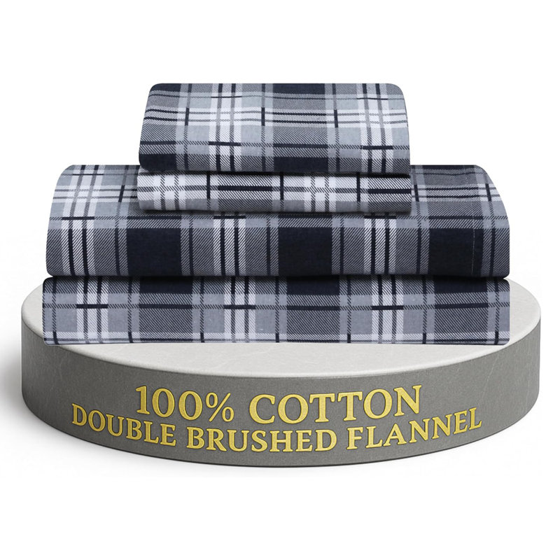Flannel Sheets Set Double Brushed, Full Sheet Set + Fitted Sheet + 2 Pillowcases, Gray Plaid