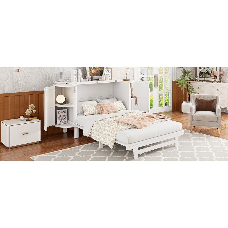 Lit double blanc avec rangement caché et touche tissée contemporaine - option d'espace pour les chambres d'invités et matelas pliables Commode avant à tiroir chic