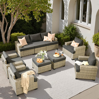 9 - Person Patio Furniture Set with Chairs, Outdoor Wicker Rattan Sectional Seating Group with Cushions, All Weather Sofa Conversation Set with Ottoma by Latitude Run
