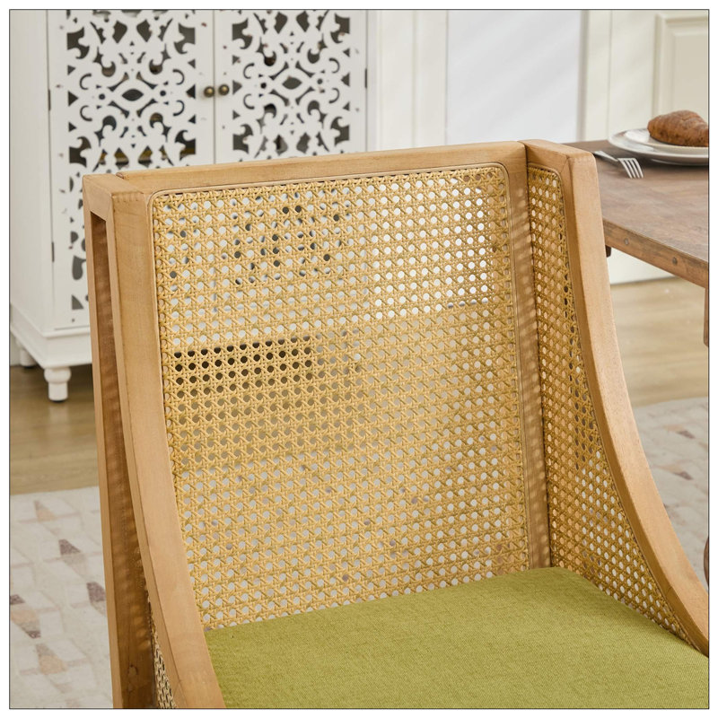 Dining Chair Solid Wood Frame with Decorative Armrests, Linen Upholstered Seat, Rustic Wooden Style for Various Rooms, Green