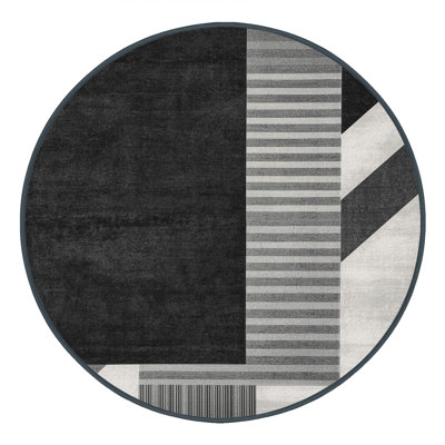 Machine Washable Carlstadt Contemporary Striped Rug in Gray – Black Binding